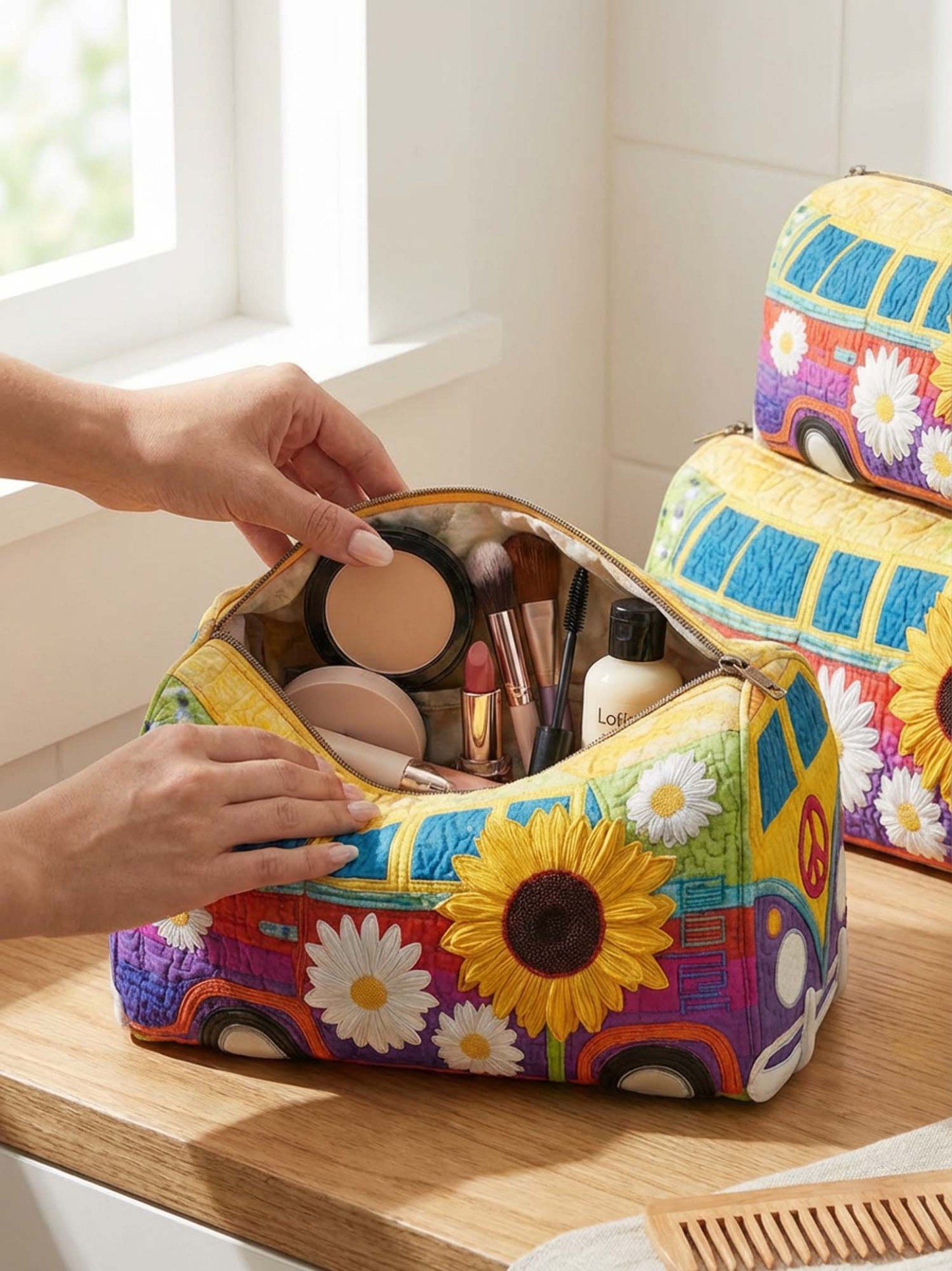 Hippie Van Flower Cotton Quilted Cosmetic Bag