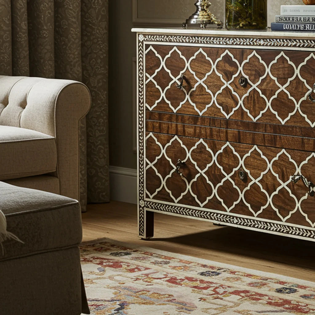 Moroccan-Inspired Wooden Chest of Drawers with Inlay Design | Luxury Handmade Dresser