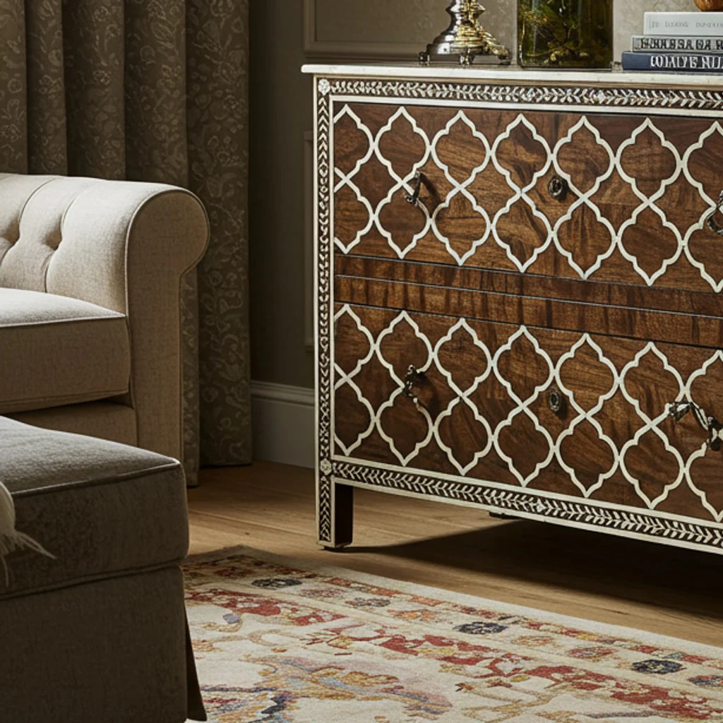 Moroccan-Inspired Wooden Chest of Drawers with Inlay Design | Luxury Handmade Dresser