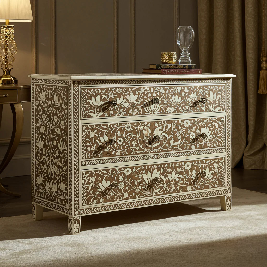 Handcrafted Floral Inlay Wooden Dresser | Luxury Handmade Chest of Drawer