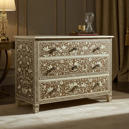 Handcrafted Floral Inlay Wooden Dresser | Luxury Handmade Chest of Drawer