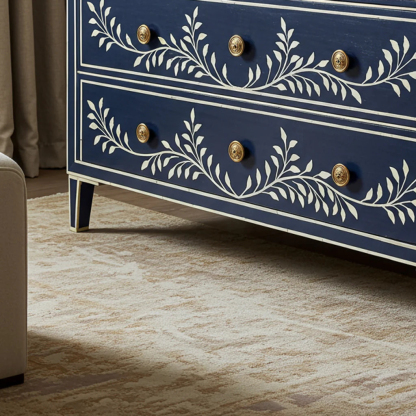Navy Blue Floral Hand-Painted Three Drawer Dresser | Luxury Handmade Dresser