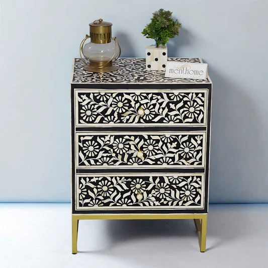 3-Drawer Handmade Sunflower Inlaid Bedside Table
