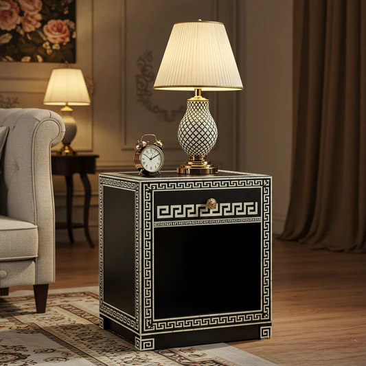 Black and Gold Decorative Nightstand with Drawer | Luxury Handmade Bedside Table