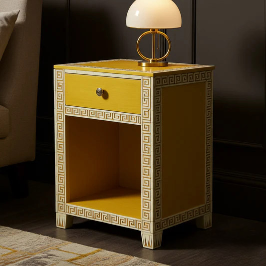 Yellow Wooden Side Table with Drawer and Greek Key Pattern | Luxury Handmade Bedside Table
