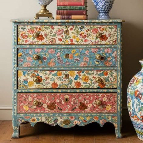Bohemian Hand-Painted Floral Wooden Four Drawer Storage Locker