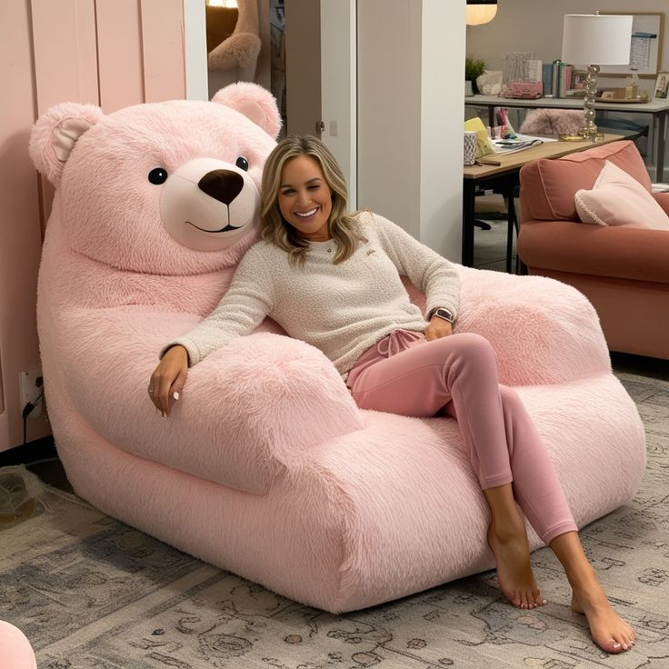 Pink Teddy Bear Plush Lounge Chair – Ultra-Soft Faux Fur Cozy Floor Sofa for Adults & Teens, Deep Seat Bean Bag Style