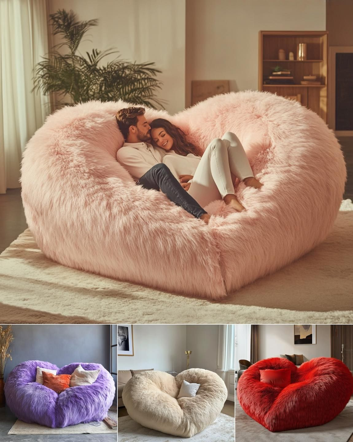 Heart-Shaped Oversized Plush Bean Bag Sofa – Ultra-Soft Faux Fur Cuddle Lounge Chair for Couples, Adults & Kids (Multi-Color)