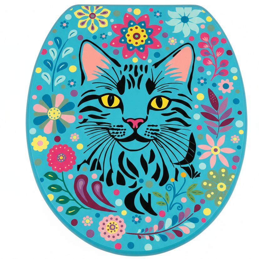 Whimsical Hand-Painted Cat Toilet Seat Decal Set