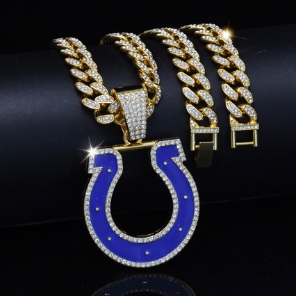Hip Hop Iced Out Blue Horseshoe Pendant Cuban Link Necklace
