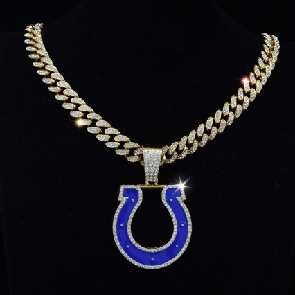 Hip Hop Iced Out Blue Horseshoe Pendant Cuban Link Necklace