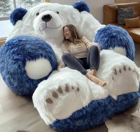 Giant Plush Teddy Bear Lounger Chair – Oversized Cozy Bean Bag Sofa with Paw Footrest (Multi-Color Options)