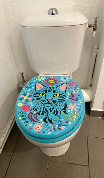 Whimsical Hand-Painted Cat Toilet Seat Decal Set