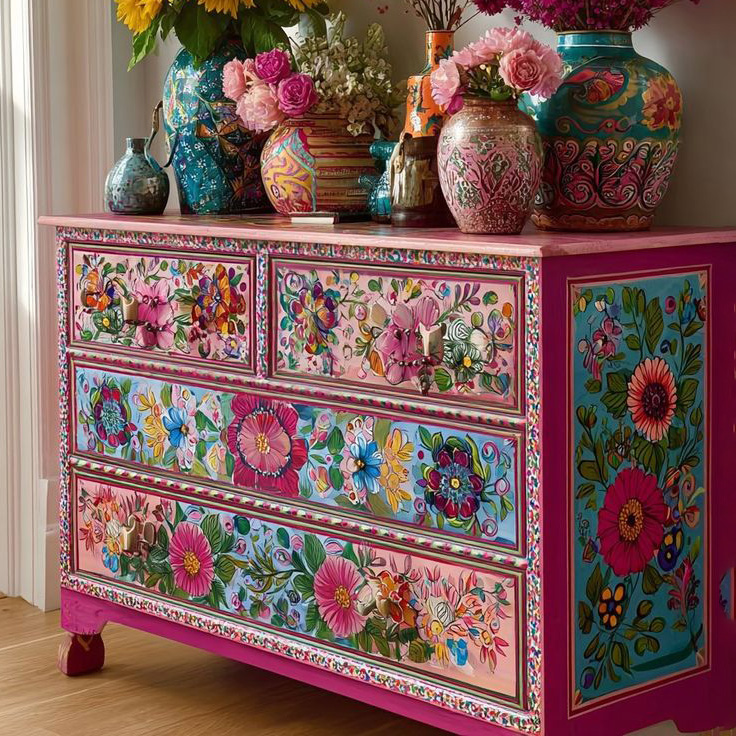 Bohemian Hand-Painted Floral Wooden Chest Storage Locker