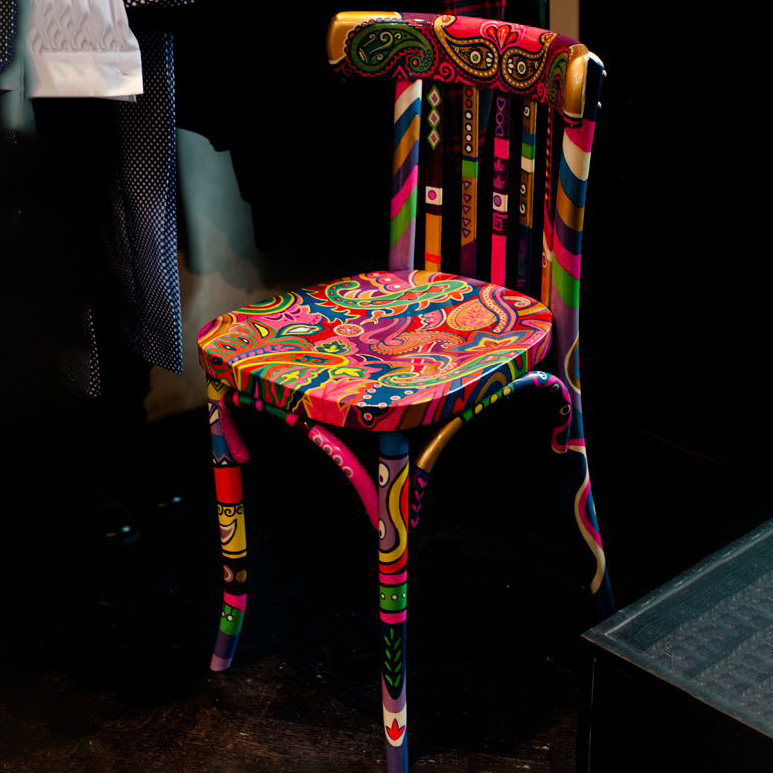 Boho Style Colorful Patterned Decorative Wooden Chair