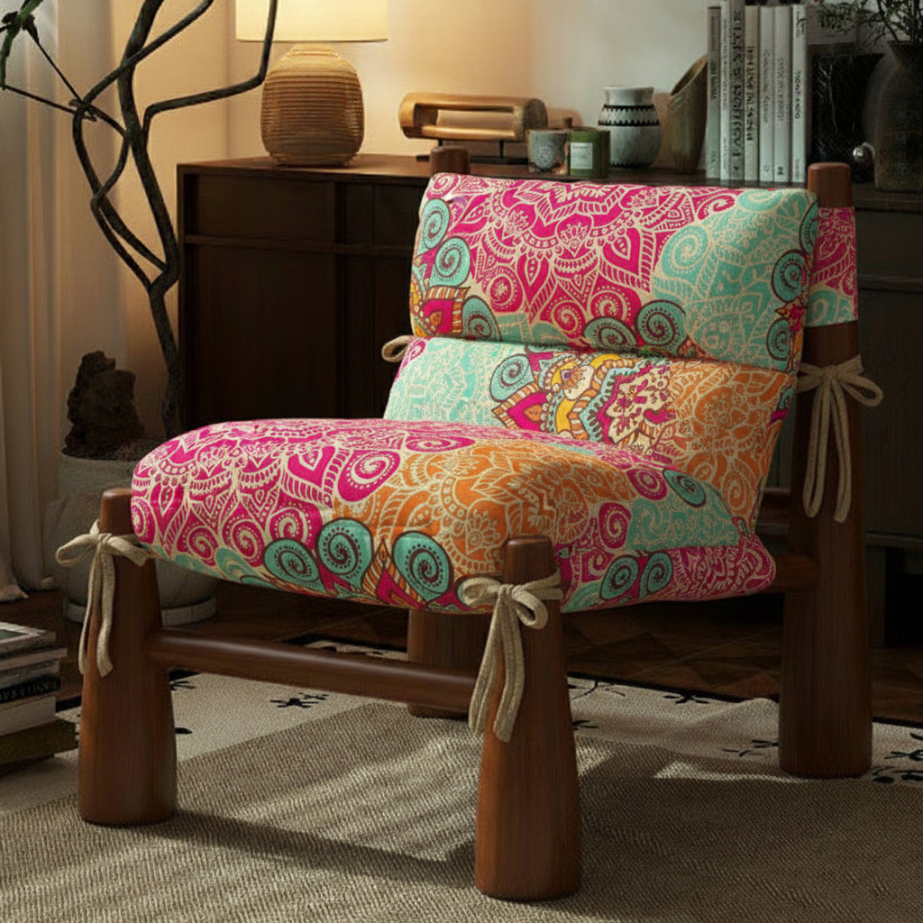 Bohemian Mandala Pattern Low Profile Handcrafted Wooden Accent Chair