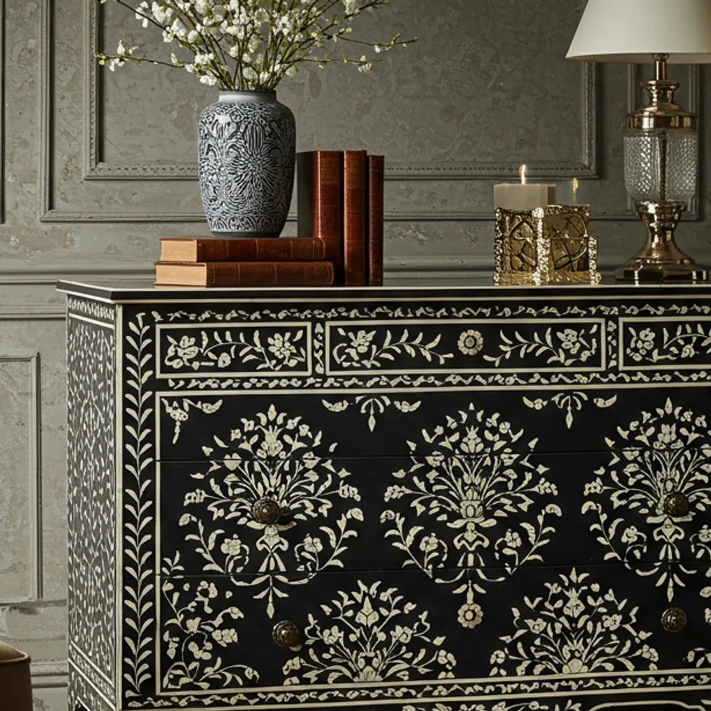 Handcrafted Black Bone Inlay Floral Dresser | Luxury Handmade Dresser