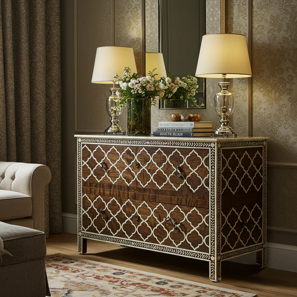 Moroccan-Inspired Wooden Chest of Drawers with Inlay Design | Luxury Handmade Dresser