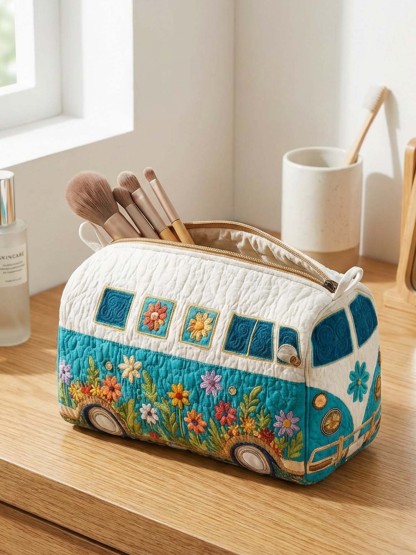 Hippie Van Flower Cotton Quilted Cosmetic Bag