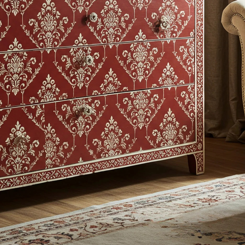 Vintage Red and White Patterned Wooden Chest of Drawers | Luxury Handmade Dresser
