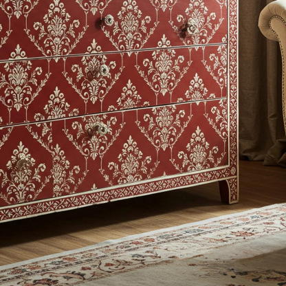Vintage Red and White Patterned Wooden Chest of Drawers | Luxury Handmade Dresser