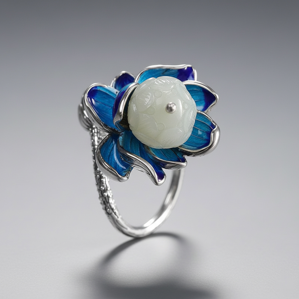 Oriental Style Blue Enamel Lotus Jade Statement Ring