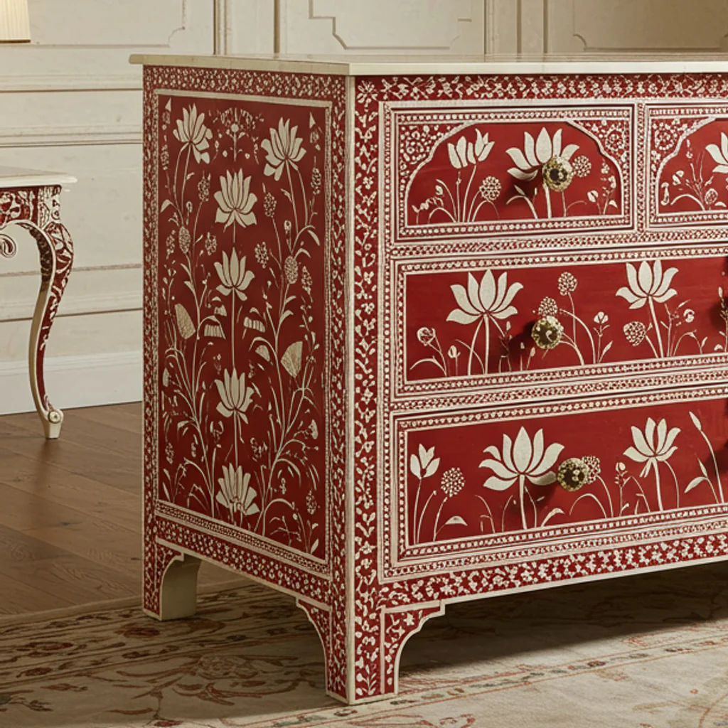 Red Floral Hand-Painted Wooden Dresser | Luxury Handmade Dresser