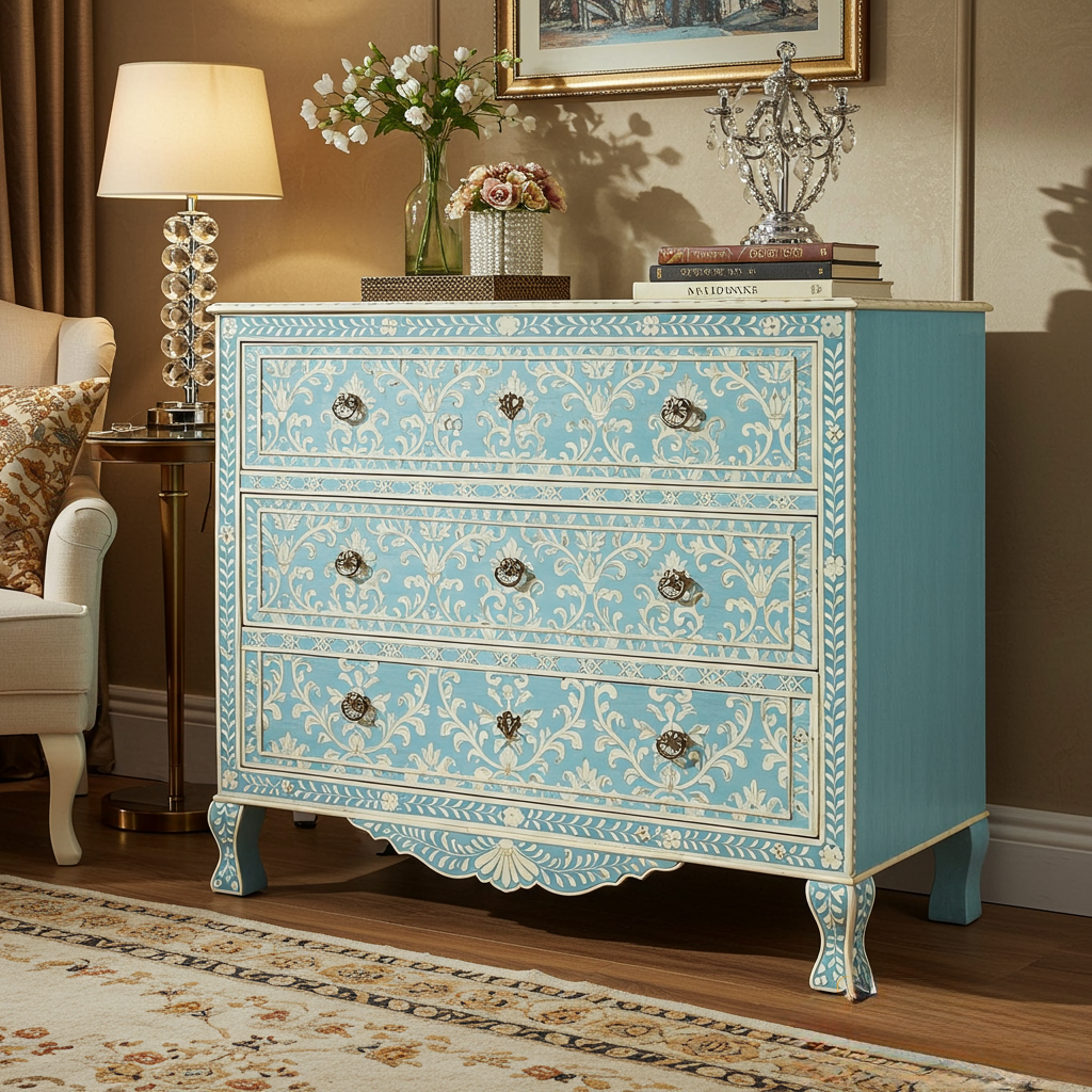 Vintage Blue Hand-Painted Wooden Dresser with Floral Motifs | Luxury Handmade Chest of Drawer