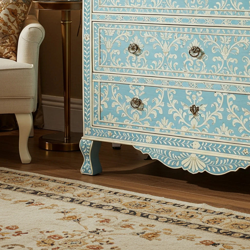 Vintage Blue Hand-Painted Wooden Dresser with Floral Motifs | Luxury Handmade Chest of Drawer