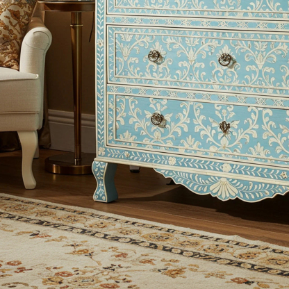 Vintage Blue Hand-Painted Wooden Dresser with Floral Motifs | Luxury Handmade Chest of Drawer