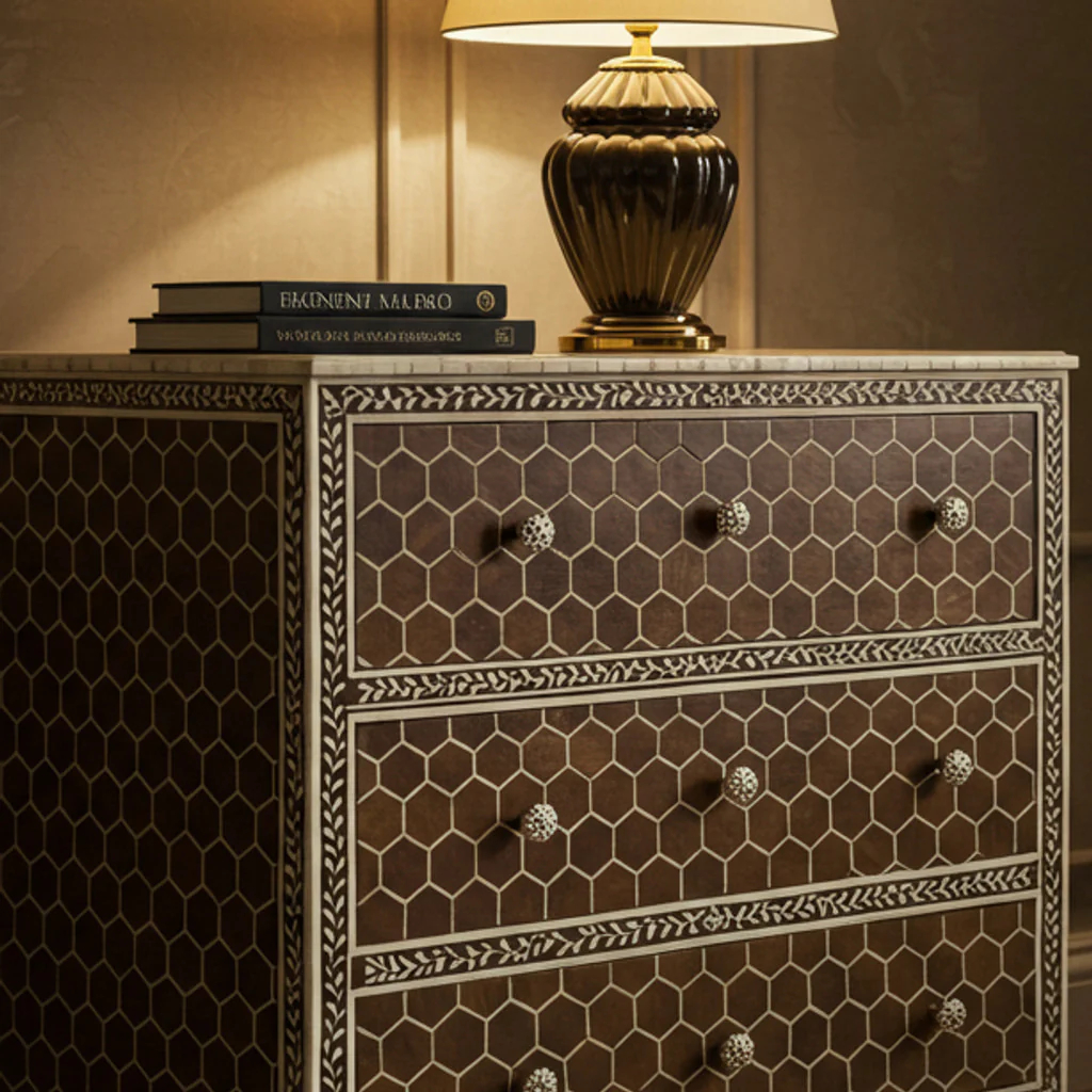 Honeycomb Pattern Wooden Chest of Drawers with Lamp | Luxury Handmade Dresser