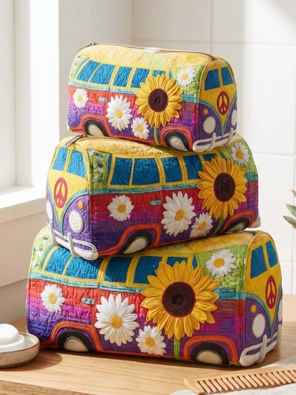 Hippie Van Flower Cotton Quilted Cosmetic Bag