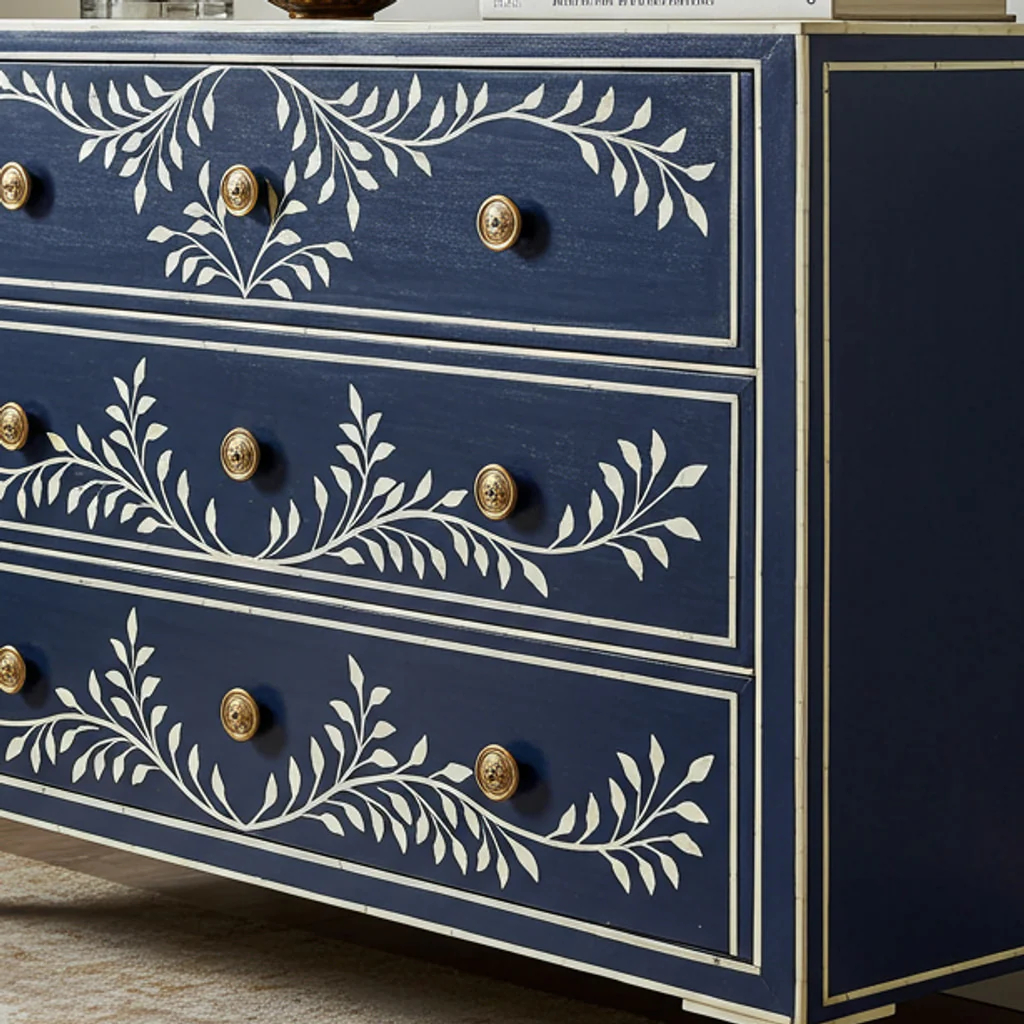 Navy Blue Floral Hand-Painted Three Drawer Dresser | Luxury Handmade Dresser
