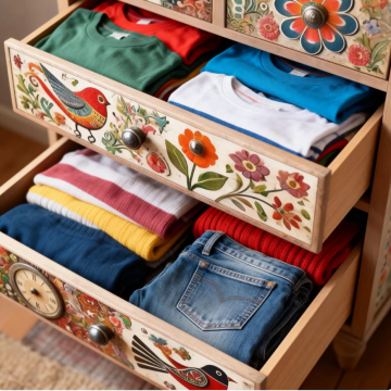 Hand-Painted Vintage Bohemian Accent Chest - 6-Drawer Floral & Bird Apothecary Cabinet - Rustic Hand-Carved Wood Storage Dresser