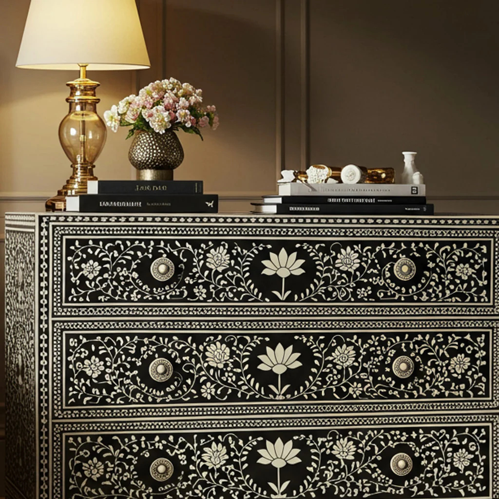 Hand-Painted Floral Bone Inlay Dresser Chest | Luxury Handmade Dresser
