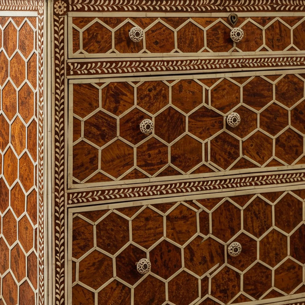 Vintage Hexagon Pattern Wooden Chest of Drawers | Luxury Handmade Dresser
