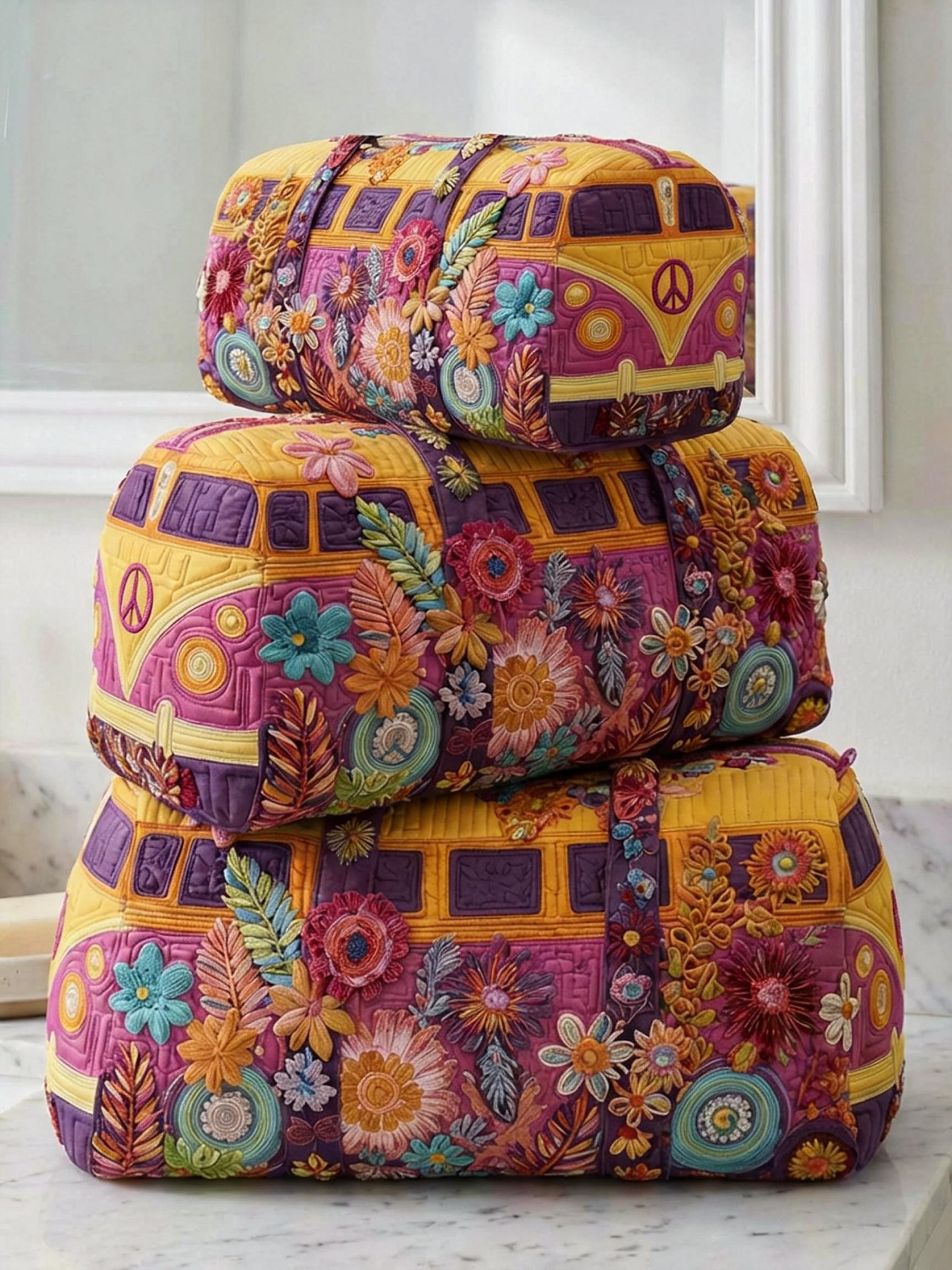 Hippie Van Flower Cotton Quilted Cosmetic Bag