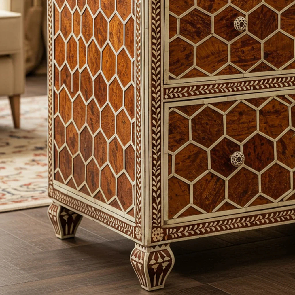 Vintage Hexagon Pattern Wooden Chest of Drawers | Luxury Handmade Dresser