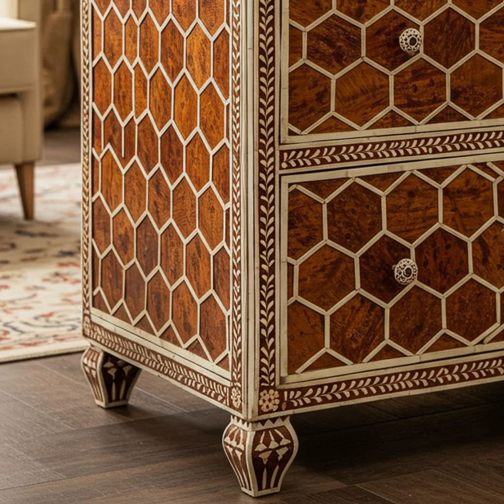 Vintage Hexagon Pattern Wooden Chest of Drawers | Luxury Handmade Dresser