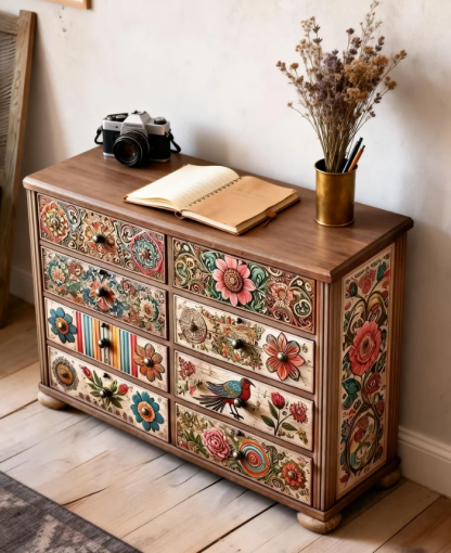 Vintage-Inspired Cottagecore Accent Cabinet - Rustic Hand-Painted Floral Storage Dresser - Shabby Chic Statement Piece for Bedroom or Living Room