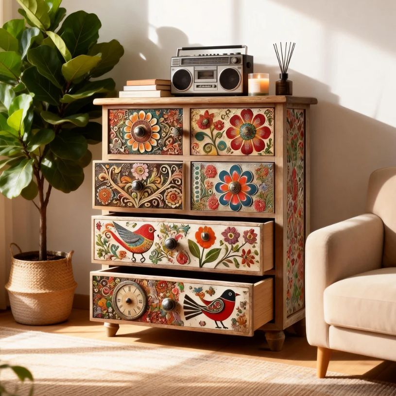 Hand-Painted Vintage Bohemian Accent Chest - 6-Drawer Floral & Bird Apothecary Cabinet - Rustic Hand-Carved Wood Storage Dresser