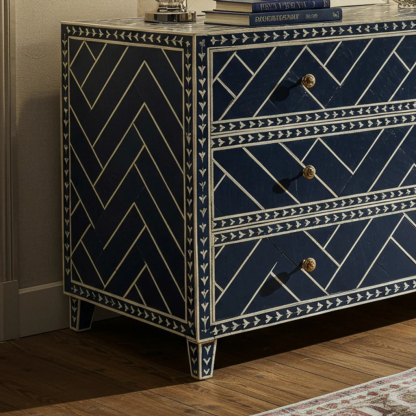 Navy Blue Geometric Pattern Chest of Drawers | Luxury Handmade Dresser
