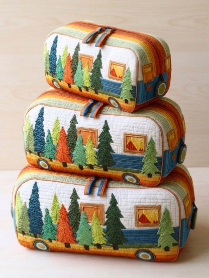 Camping Trailer Cotton Quilted Cosmetic Bag