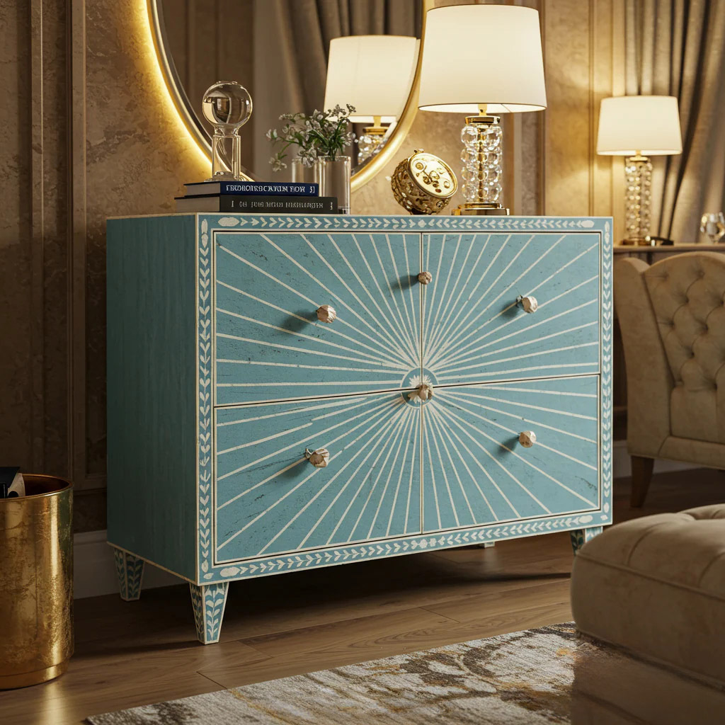 Sunburst Pattern Blue Dresser with Gold Accents | Luxury Handmade Dresser