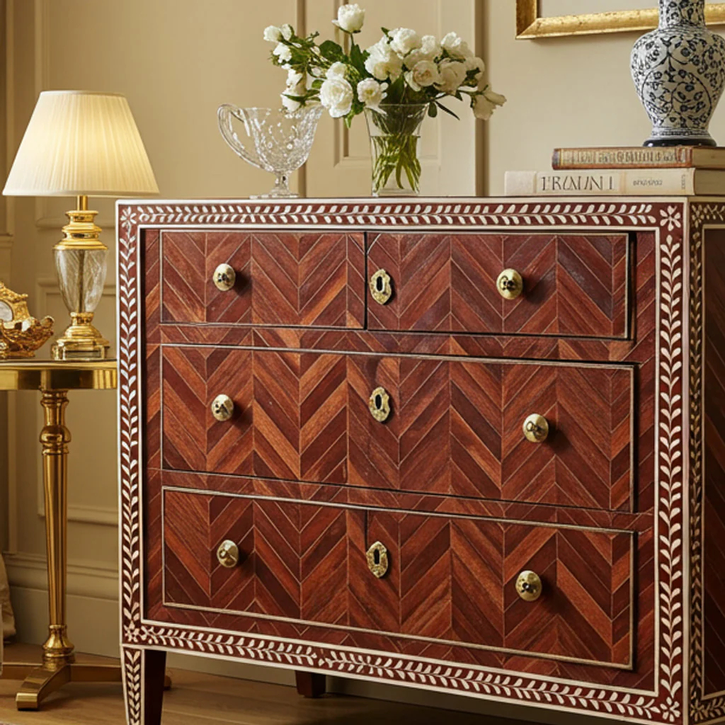 Vintage Wooden Chest of Drawers with Inlaid Design | Luxury Handmade Dresser