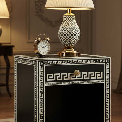 Black and Gold Decorative Nightstand with Drawer | Luxury Handmade Bedside Table