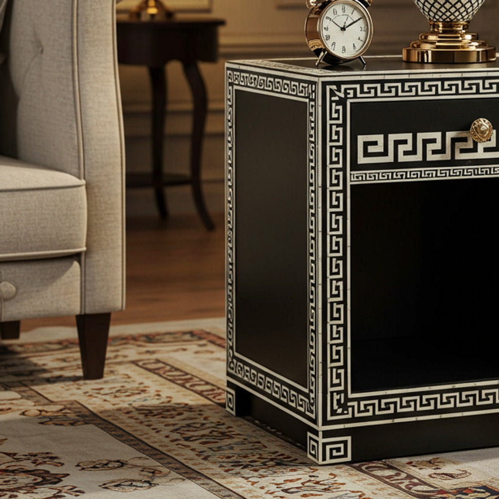 Black and Gold Decorative Nightstand with Drawer | Luxury Handmade Bedside Table