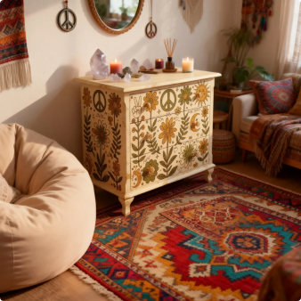 Hippie Retro Sunflower Print Three Drawer Wooden Bedroom Storage Locker