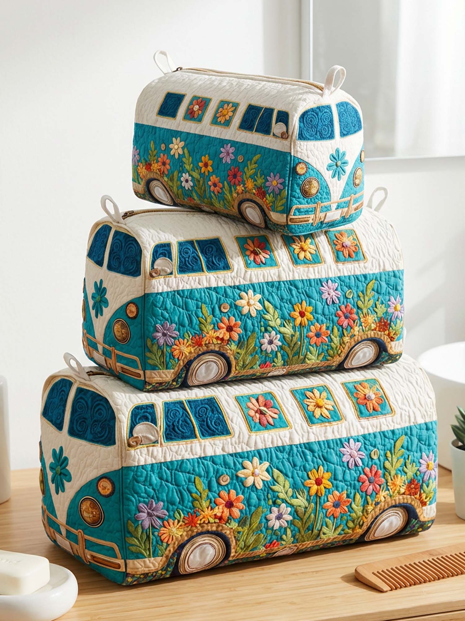 Hippie Van Flower Cotton Quilted Cosmetic Bag