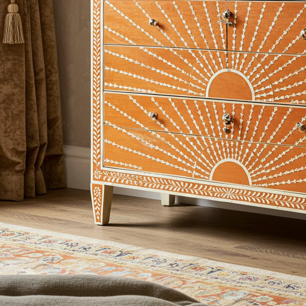 Sunburst Pattern Wooden Chest of Drawers | Luxury Handmade Dresser